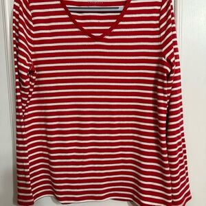 Talbots Red, White, and Gold Metallic Striped V-Neck Top Size L